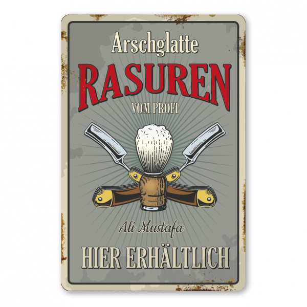 Retroschild / Vintage-Schild Arschglatte Rasuren vom Profi - Hier erhältlich - mit Ihrem Namenseindruck - Frisörschild - Barber-Schild