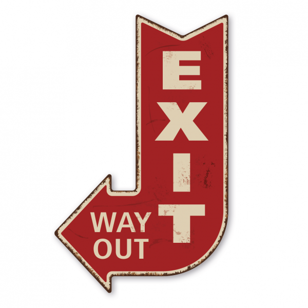 Retroschild / Vintage-Pfeilwegweiser Exit - Way out in 5 Farbvarianten - links- oder rechtsweisend mit 3 Löchern zum Aufhängen