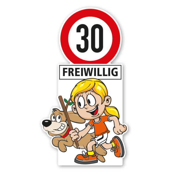 Kinderschild als Standfigur - Freiwillig 30 - mit einem Kind und Hund - Schilderserie SP-01