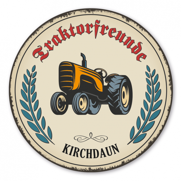 Maibaumschild / Festschild Traktorfreunde - mit Bezeichnung und Ihrem Ortsnamen oder Wunschtext - Rundes Wappen - Retro
