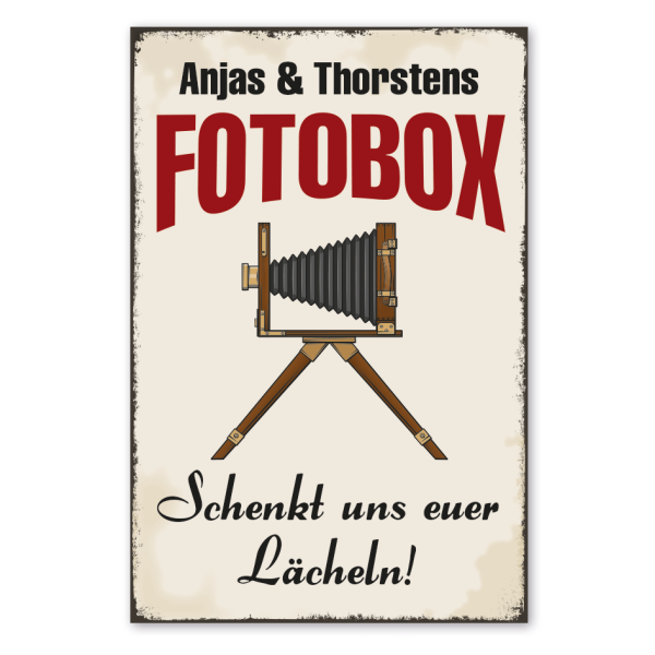 Retro Schild Fotobox - Schenkt uns euer Lächeln - mit Ihrem Wunschnamen
