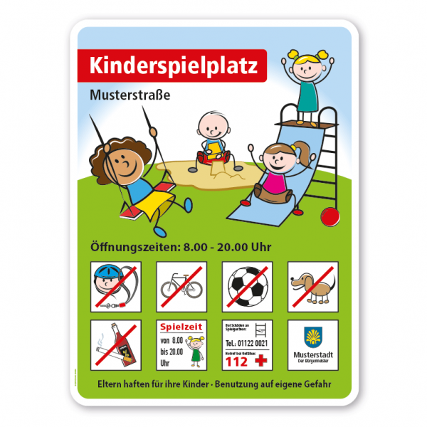 Spielplatzschild Kinderspielplatz - Schaukel, Rutsche, Sandkasten - mit 8 frei zu wählenden Piktogrammen – Schilderserie SP-04