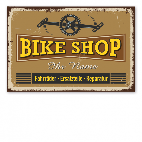 Retroschild / Vintage-Schild Fahrradschild Bike Shop - mit Ihrem Namenseindruck – Werkstattschild