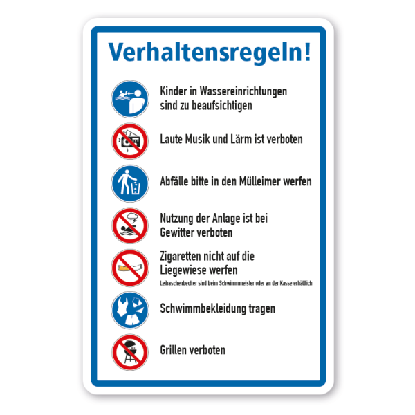 Schild Verhaltensregeln im Schwimmbad - mit Sicherheitszeichen