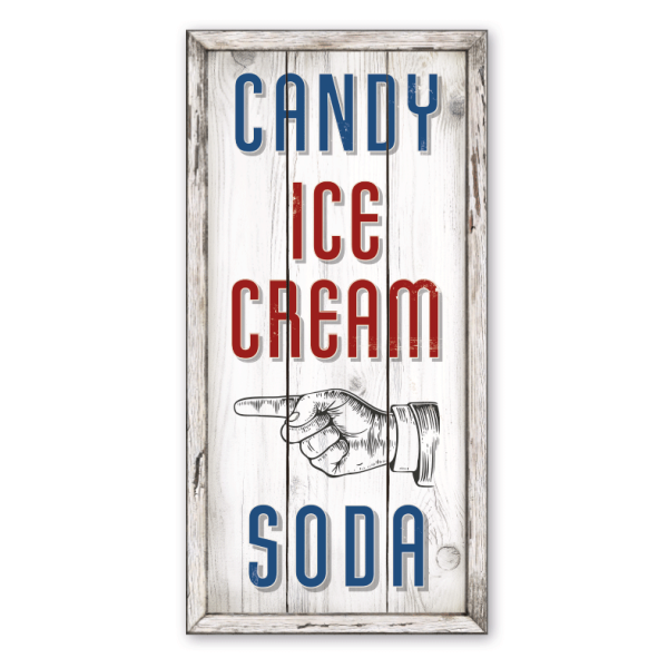 Retroschild Candy - Ice Cream - Soda - mit links- oder rechtsweisender Hand