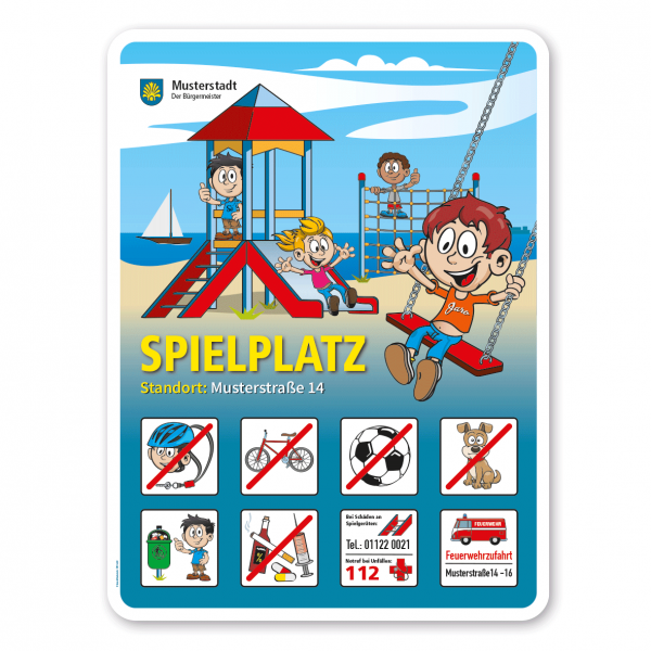 Spielplatzschild Spielplatz – Strand mit 8 frei zu wählenden Piktogrammen – Schilderserie SP-01
