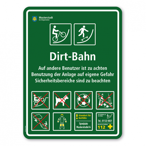 Sportschild - Dirt-Bahn - mit BMX-Fahrer und Skateboardfahrer - mit 8 frei zu wählenden Piktogrammen – Schilderserie SP-03