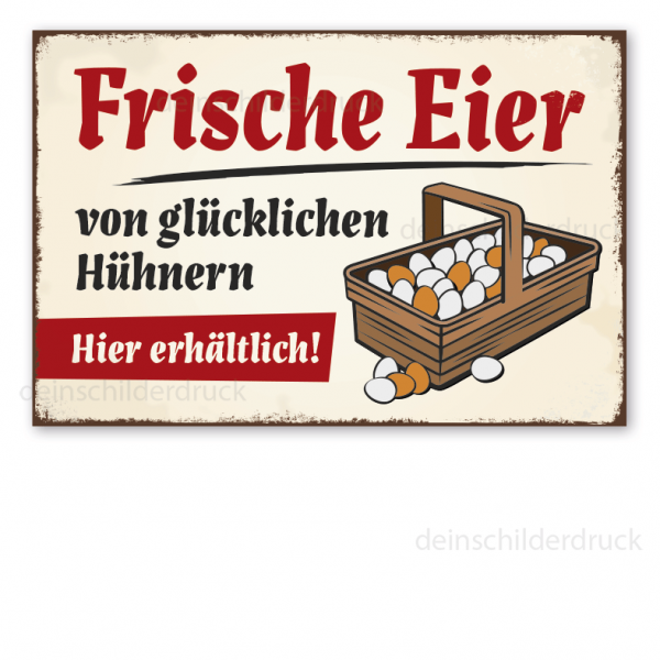 Retro Hofschild Frische Eier von glücklichen Hühnern - Hier erhältlich - Hühnerschild mit Korb