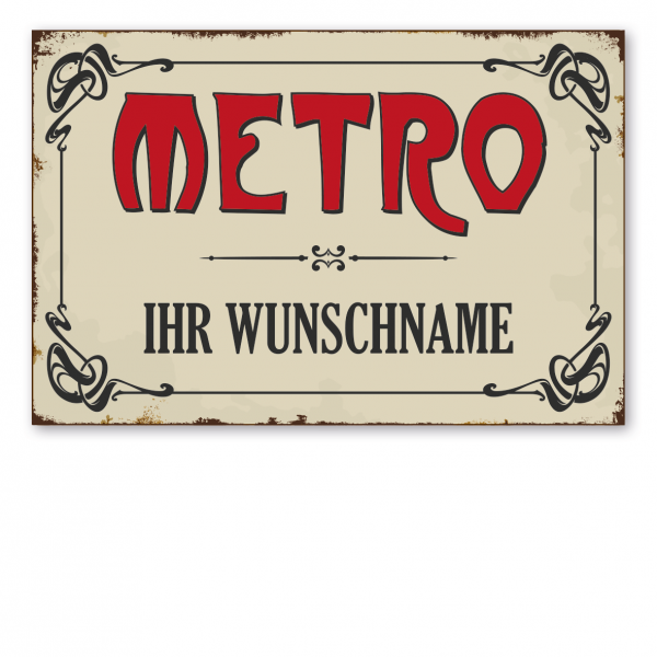 Retroschild / Vintage-Metroschild im Jugendstil - Mit Ihrem Namenseindruck - Straßenschild