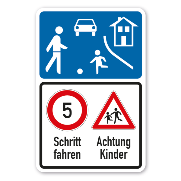 Schild zur Verkehrsberuhigung - Verkehrsberuhigter Bereich - 5 km/h - Achtung Kinder - Kombi