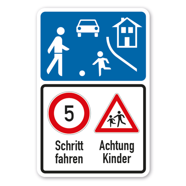 Verkehrsschild zur Verkehrsberuhigung - Verkehrsberuhigter Bereich - 5 km/h  - Achtung Kinder - Kombi – VZ-K-160