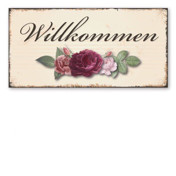 Florales Retroschild / Vintage-Schild Willkommen