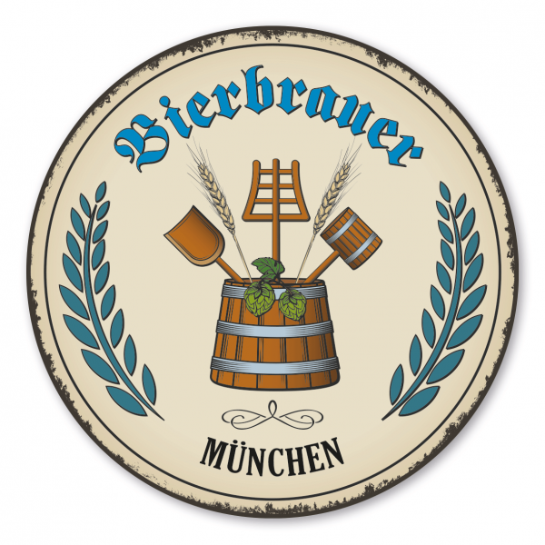 Maibaumschild / Festschild mit Zunftwappen Bierbrauer - mit Zunftnamen (blau) und Ihrem Ortsnamen oder Wunschtext - Rundes Wappen - Retro