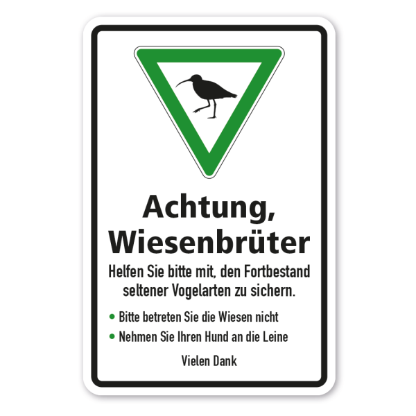 Verkehrsschild Achtung Wiesenbrüter - Großer Brachvogel - Helfen Sie bitte mit, den Fortbestand seltener Vogelarten zu sichern
