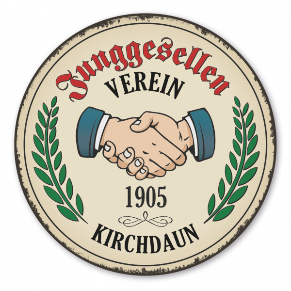 Maibaumschild / Festschild Junggesellenverein - mit Händen und Lorbeerkranz - mit Ihrem Ortsnamen und Gründungsjahr - Rundes Wappen - Retro