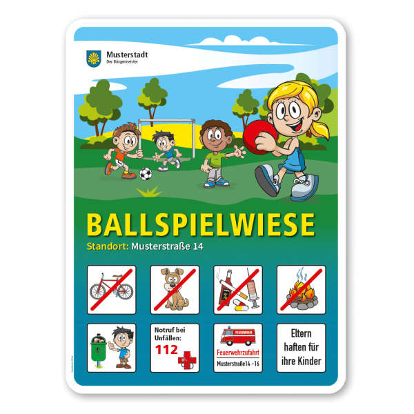 Spielplatzschild Ballspielwiese - mit 8 frei zu wählenden Piktogrammen – Schilderserie SP-01