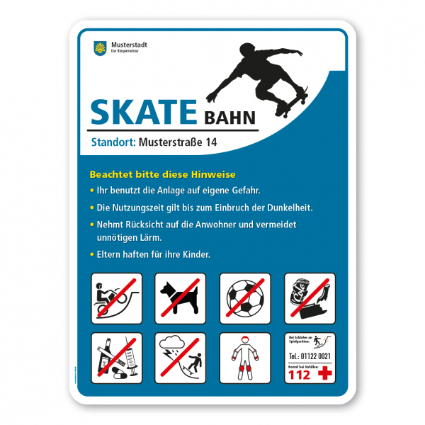 Sportplatzschild Skate-Bahn - mit 8 frei zu wählenden Piktogrammen – Schilderserie SP-02-B
