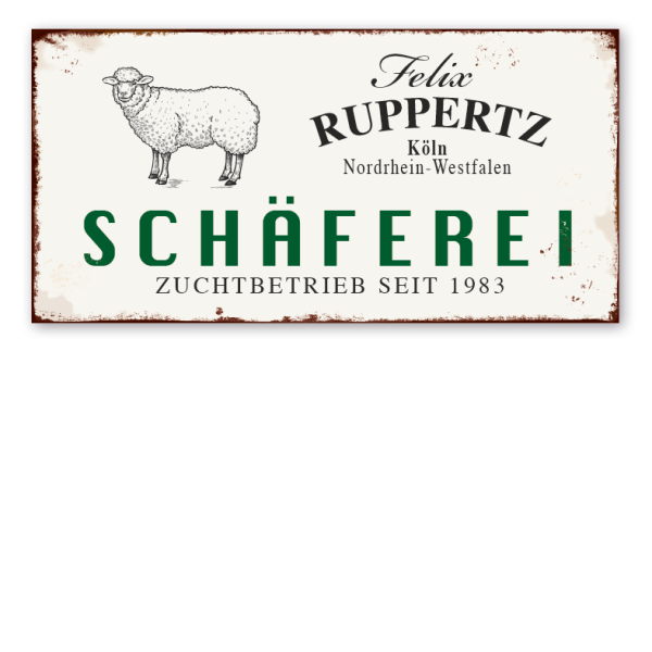 Retro Farmhouse-Schild Schäferei - Schafshof - mit Ihrem Namen, Standort und Jahresangabe