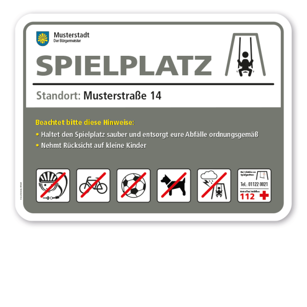 Spielplatzschild - Spielplatz mit 6 frei zu wählenden Piktogrammen – Schilderserie SP-02-B