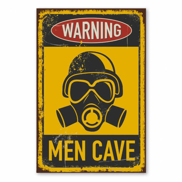 Retroschild / Vintage-Warnschild Warning - Men Cave - mit Gasmaske