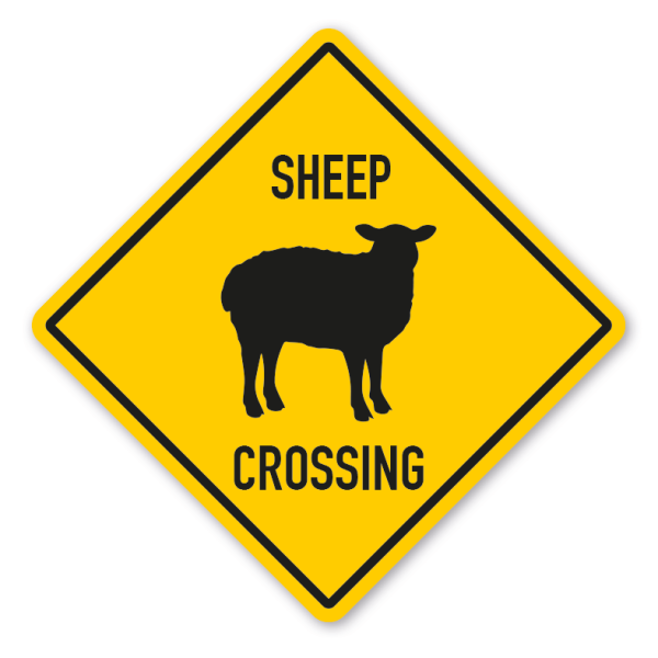 Warnschild Sheep (Schaf) crossing - mit und ohne Text