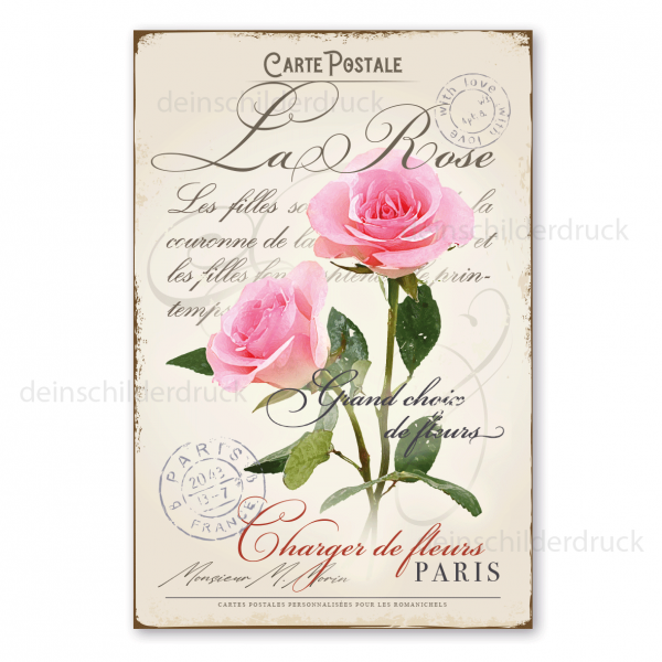 Retro Schild im Stil einer nostalgischen Postkarte - Carte Postale - La Rose - auch mit Ihrem Wunschtext