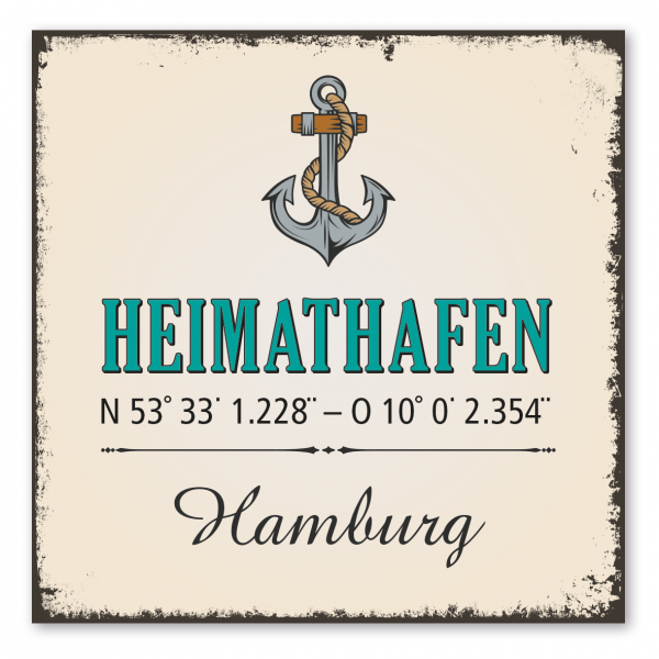 Retro Schild Heimathafen - mit Ihrem Ortsnamen und Koordinaten – Ankerschild