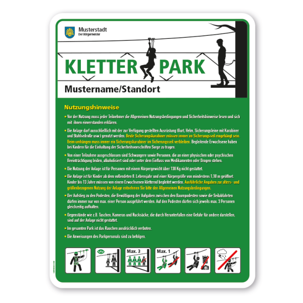 Spielplatzschild - Kletterpark - Kletterwald - Seilgarten - mit 6 frei zu wählenden Piktogrammen – Schilderserie SP-02-B