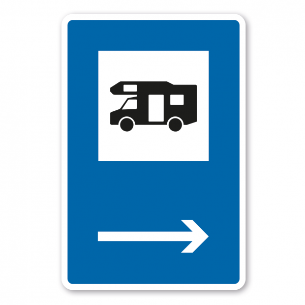 Parkplatzschild Wohnmobil mit rechtsweisendem Pfeil – mit großem Piktogramm - Verkehrsschild