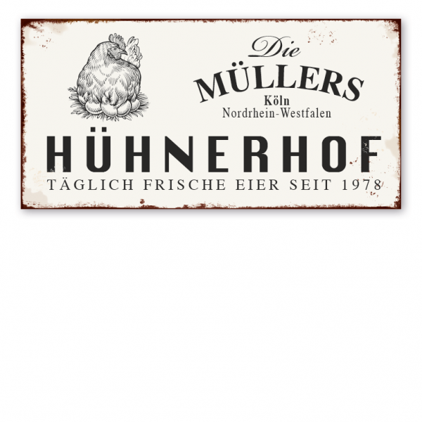 Retro Farmhouse-Schild Hühnerhof - Täglich frische Eier - mit Ihrem Namen, Standort und Jahresangabe