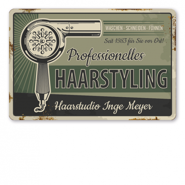 Retroschild / Vintage-Schild Professionelles Haarstyling - mit Ihrem Namens- und Jahreseindruck - Frisörschild - Barber-Schild