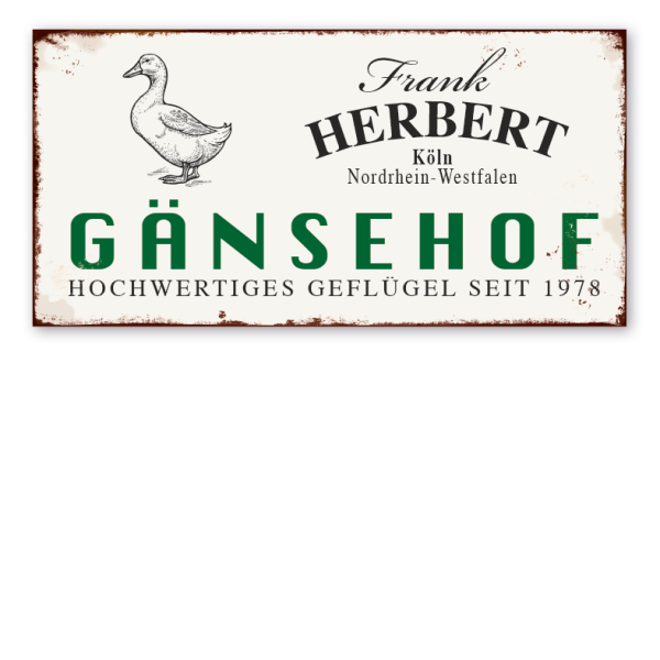 Retro Farmhouse-Schild Gänsehof - mit Ihrem Namen, Standort und Jahresangabe