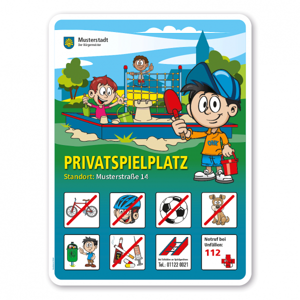 Spielplatzschild Privatspielplatz mit 8 frei zu wählenden Piktogrammen – Schilderserie SP-01