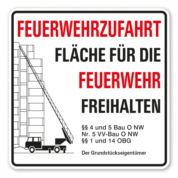 Feuerwehrschild Feuerwehrzufahrt Fläche für Feuerwehr freihalten - mit Paragraphen