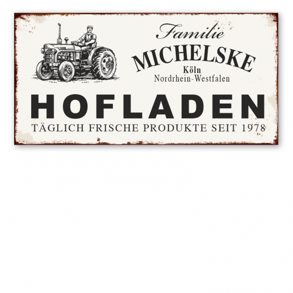 Retro Farmhouse-Schild Hofladen - Täglich frische Produkte - mit Ihrem Namen, Standort und Jahresangabe