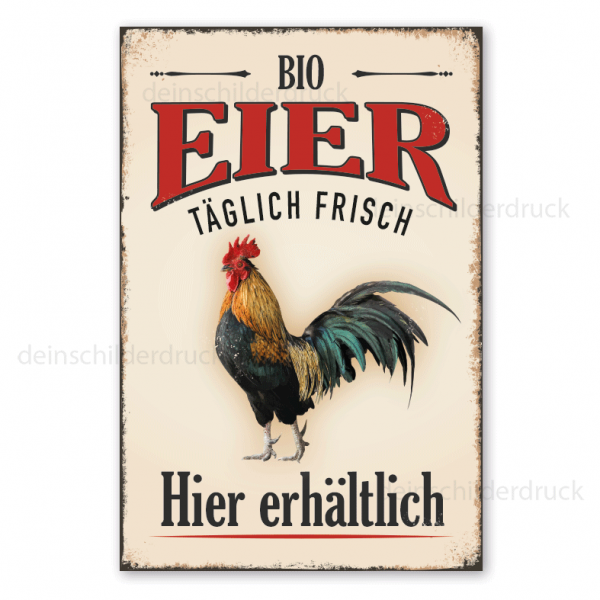 Retro Hofschild Bio Eier - Täglich frisch - Hier erhältlich - mit Hahn