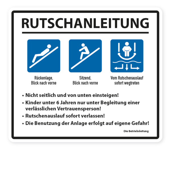 Schild für Wasserrutschen - Rutschanleitung - mit 3 Piktogrammen - nach DIN EN 1069-2:2017