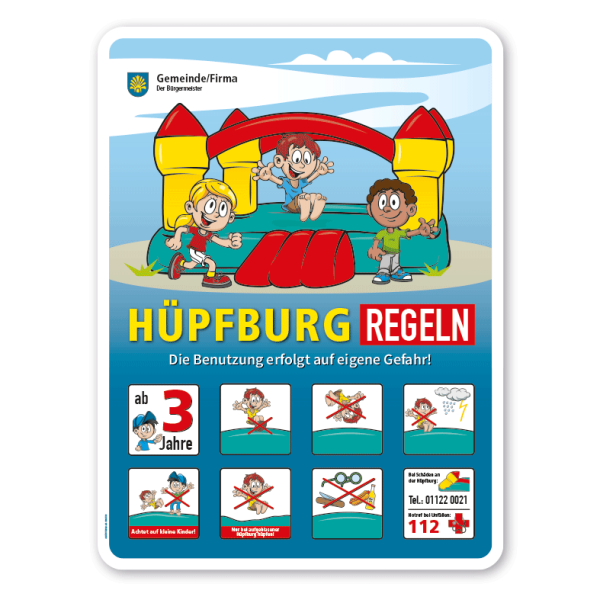 Spielplatzschild Hüpfburg-Regeln - mit 8 frei zu wählenden Piktogrammen – Schilderserie SP-01