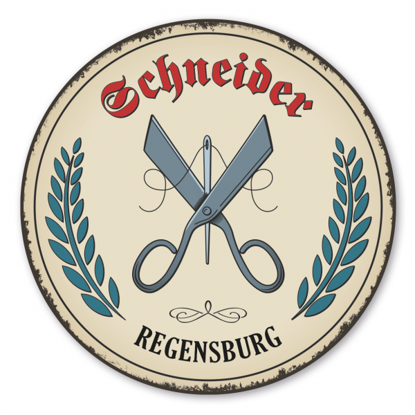 Maibaumschild / Festschild mit Zunftwappen Schneider - mit Zunftnamen und Ihrem Ortsnamen oder Wunschtext - Rundes Wappen - Retro