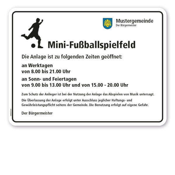 Spielplatzschild - Mini-Fußballspielfeld - Nutzungshinweise – Text mit Wappen