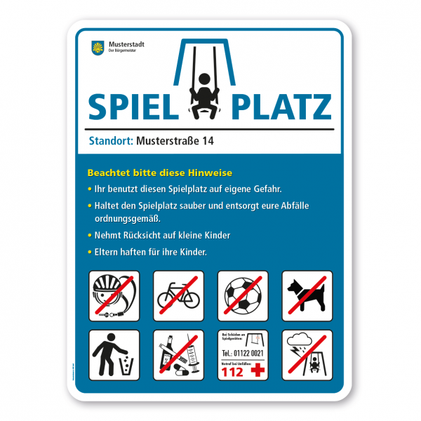 Spielplatzschild - Spielplatz mit 8 frei zu wählenden Piktogrammen – Schilderserie SP-02-B