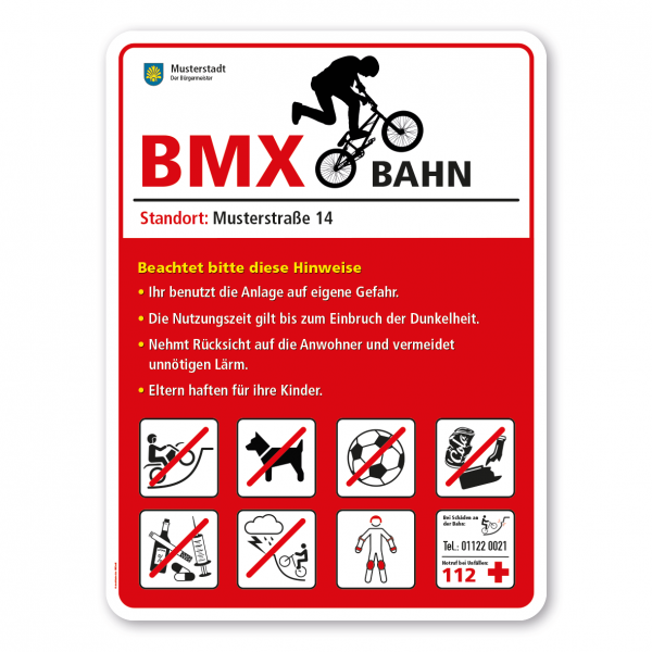 Sportplatzschild BMX-Bahn - mit 8 frei zu wählenden Piktogrammen – Schilderserie SP-02-B