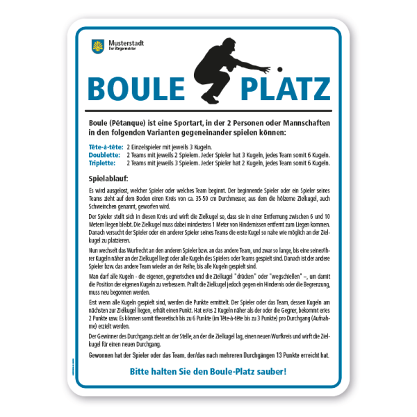 Spielplatzschild / Pétanque-Schild - Boule-Platz mit Spielregeln – Schilderserie SP-02-B