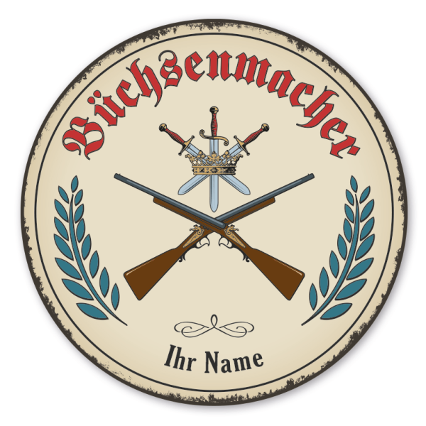 Maibaumschild / Festschild mit Zunftwappen Büchsenmacher - Waffenschmied - mit Zunftnamen, Ihrem Ortsnamen oder Wunschtext - Rundes Wappen - Retro