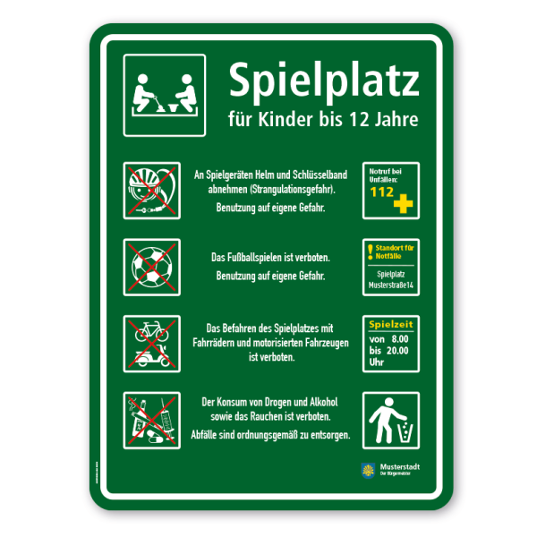 Spielplatzschild - Spielplatz für Kinder bis 12 Jahre - mit Sandkasten - mit Zusatztexten und 8 Piktogrammen – Schilderserie SP-03