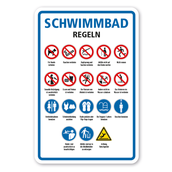 Schild Schwimmbadregeln – Hinweise und Verhaltensregeln im Schwimmbad und an Pools – ohne Infektionsschutzgebote
