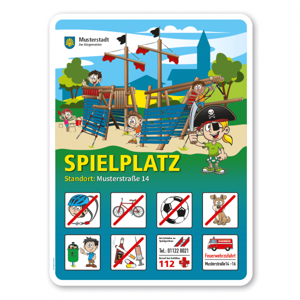 Spielplatzschild Spielplatz - Piratenschiff / Spielschiff - mit 8 frei zu wählenden Piktogrammen – Schilderserie SP-01