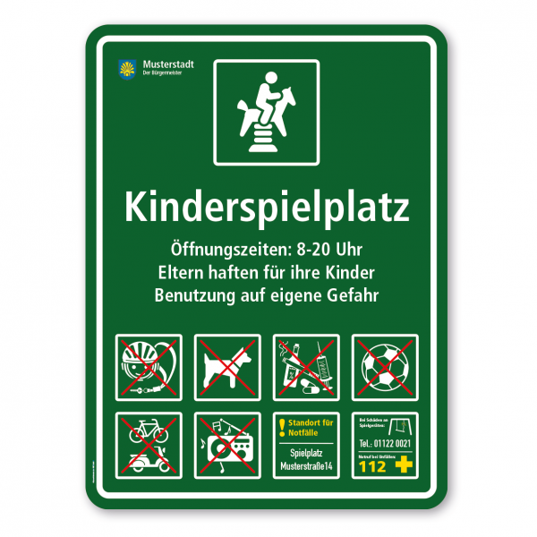 Spielplatzschild - Kinderspielplatz - mit Federwippe - mit 8 frei zu wählenden Piktogrammen – Schilderserie SP-03