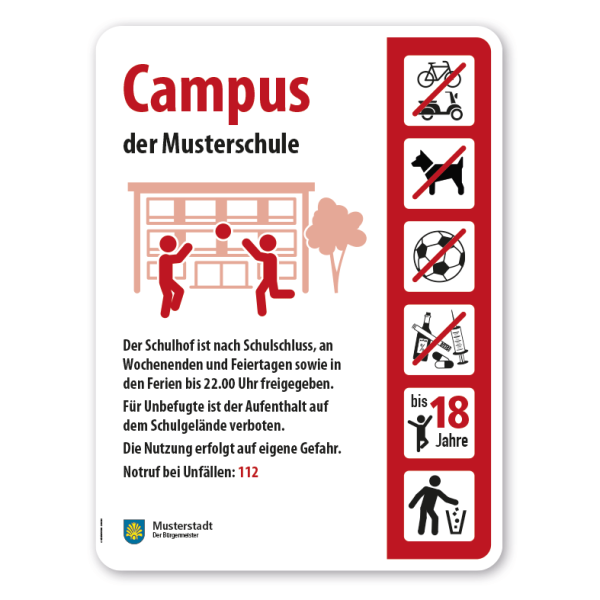 Schulhofschild - Campus mit 6 frei zu wählenden Piktogrammen – Schilderserie SP-05