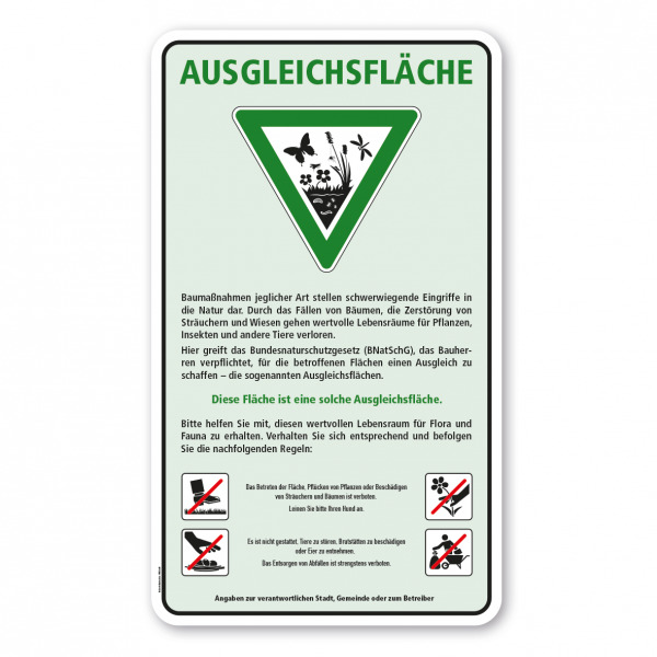 Tier- und Naturschutzschild Ausgleichsfläche mit 4 Piktogrammen - 500 x 850 mm